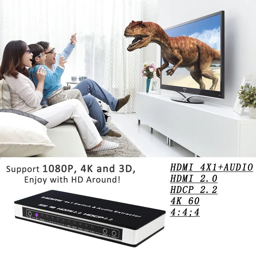 Black 4 input 1 output HDMI audio video switch with remote control on a table