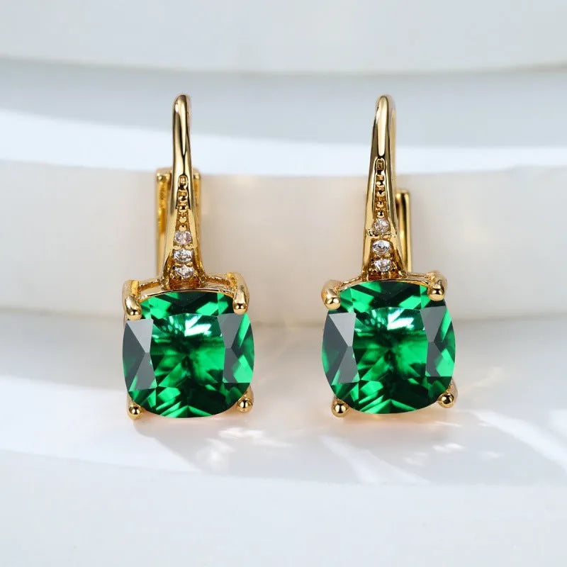 Square geometric ear clip earrings with colourful moissanite inlays and electroplated gold finish