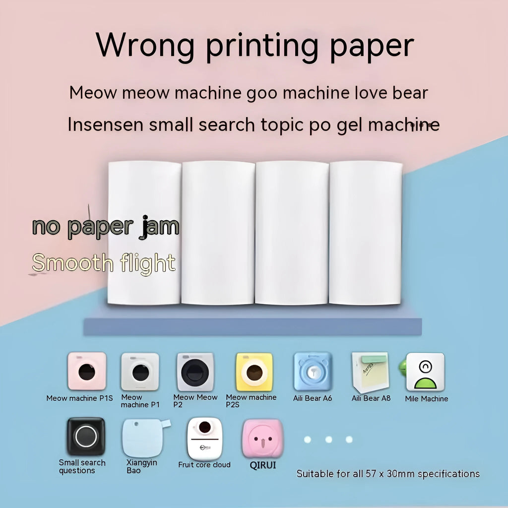 Three rolls of 57mm thermal paper in pink, yellow and blue colours