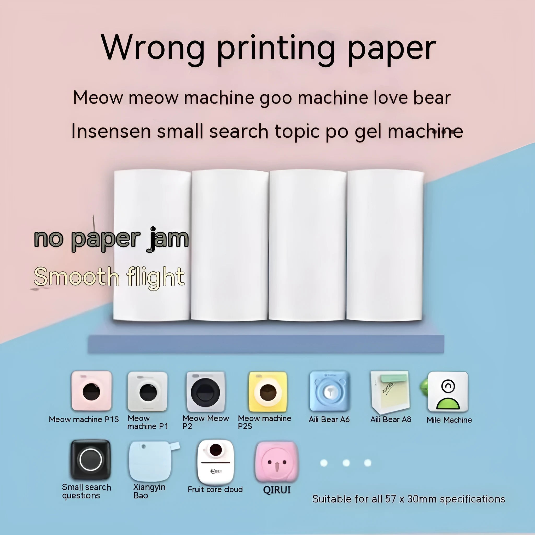 Three rolls of 57mm thermal paper in pink, yellow and blue colours