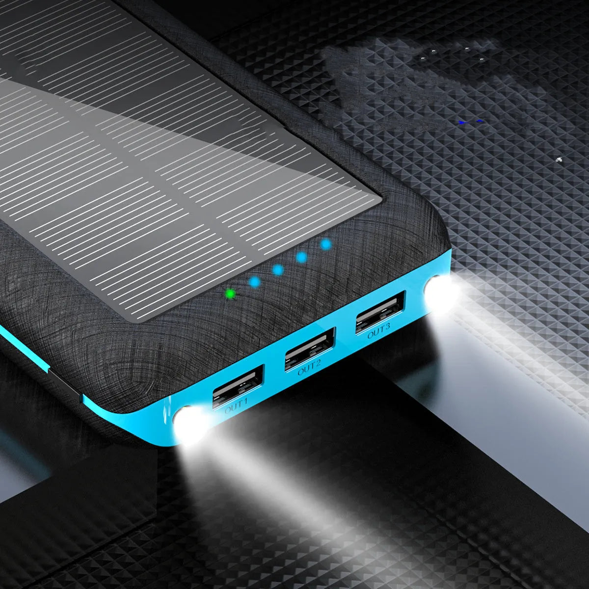 Black portable power bank with solar panel, wireless charging surface, and three USB output ports