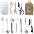 Khaki portable storage bag containing a 12-piece stainless steel picnic cutlery set.