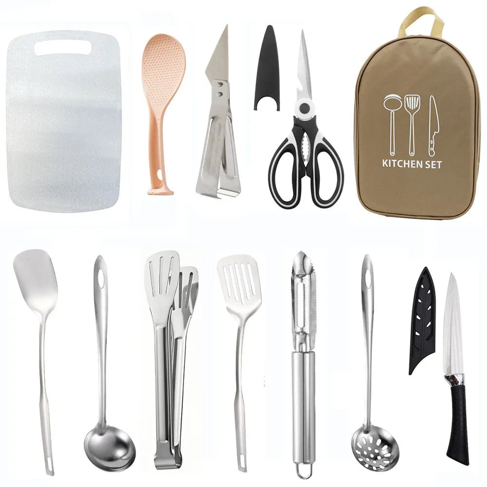 Khaki portable storage bag containing a 12-piece stainless steel picnic cutlery set.