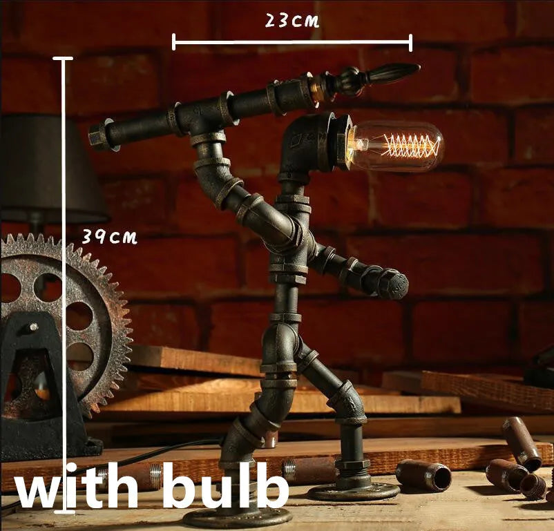 Robot vintage industrial table lamp with iron pipe construction in green bronze finish