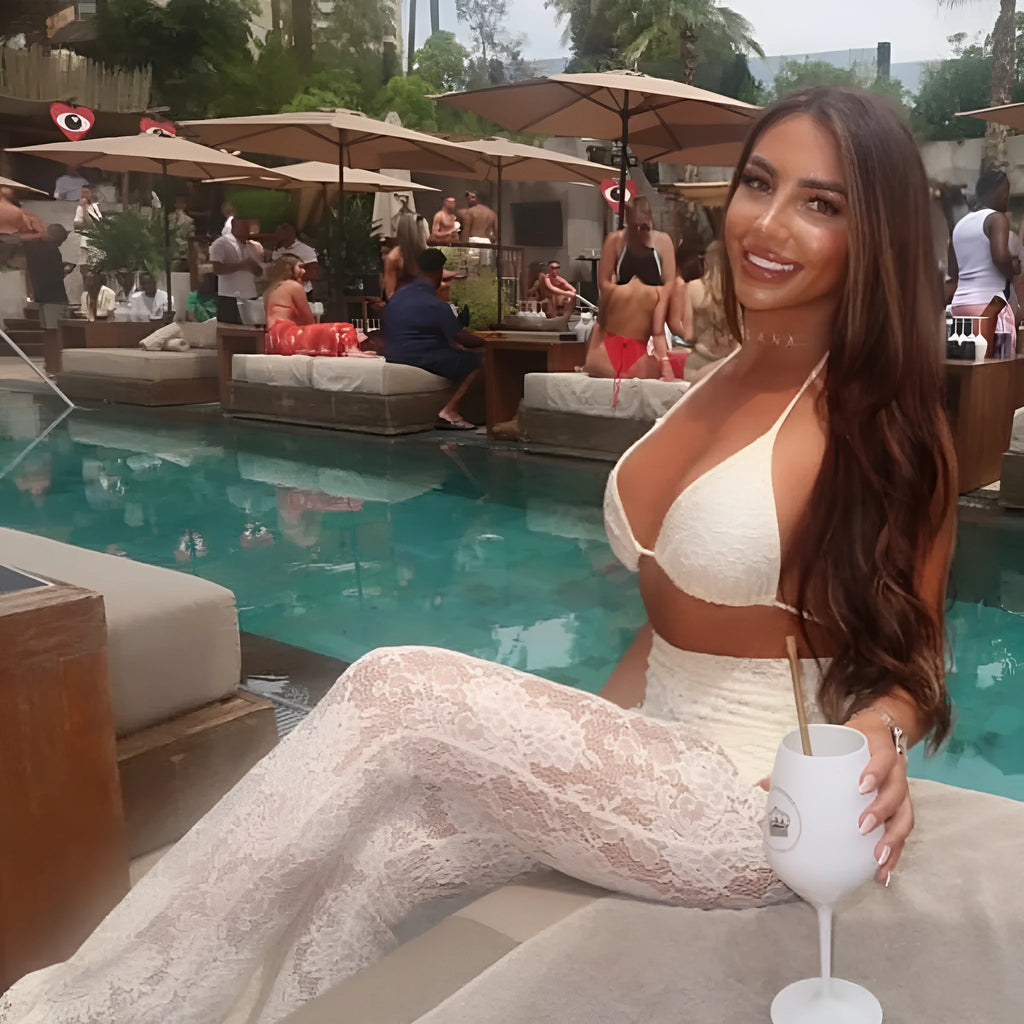 Women's lace three-piece bikini swimsuit set in solid white colour with Lycra lining
