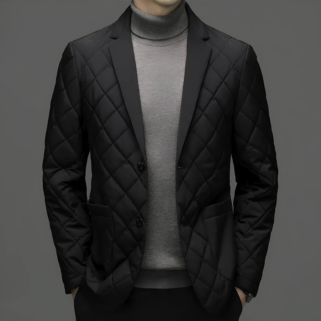 Men's black lapel cardigan style down jacket with side seam pockets, regular cut, Asian youth sizing