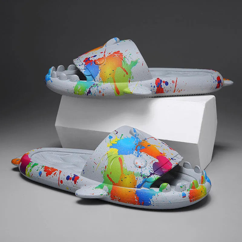 Cute shark design open toe EVA slippers for couples in beige, black, grey, and white colours.