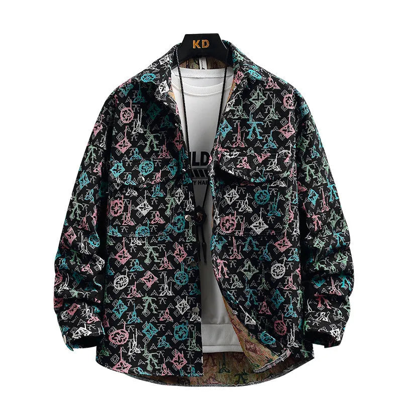 Casual lapel shirt coat in blue with long sleeves and straight hem on a hanger