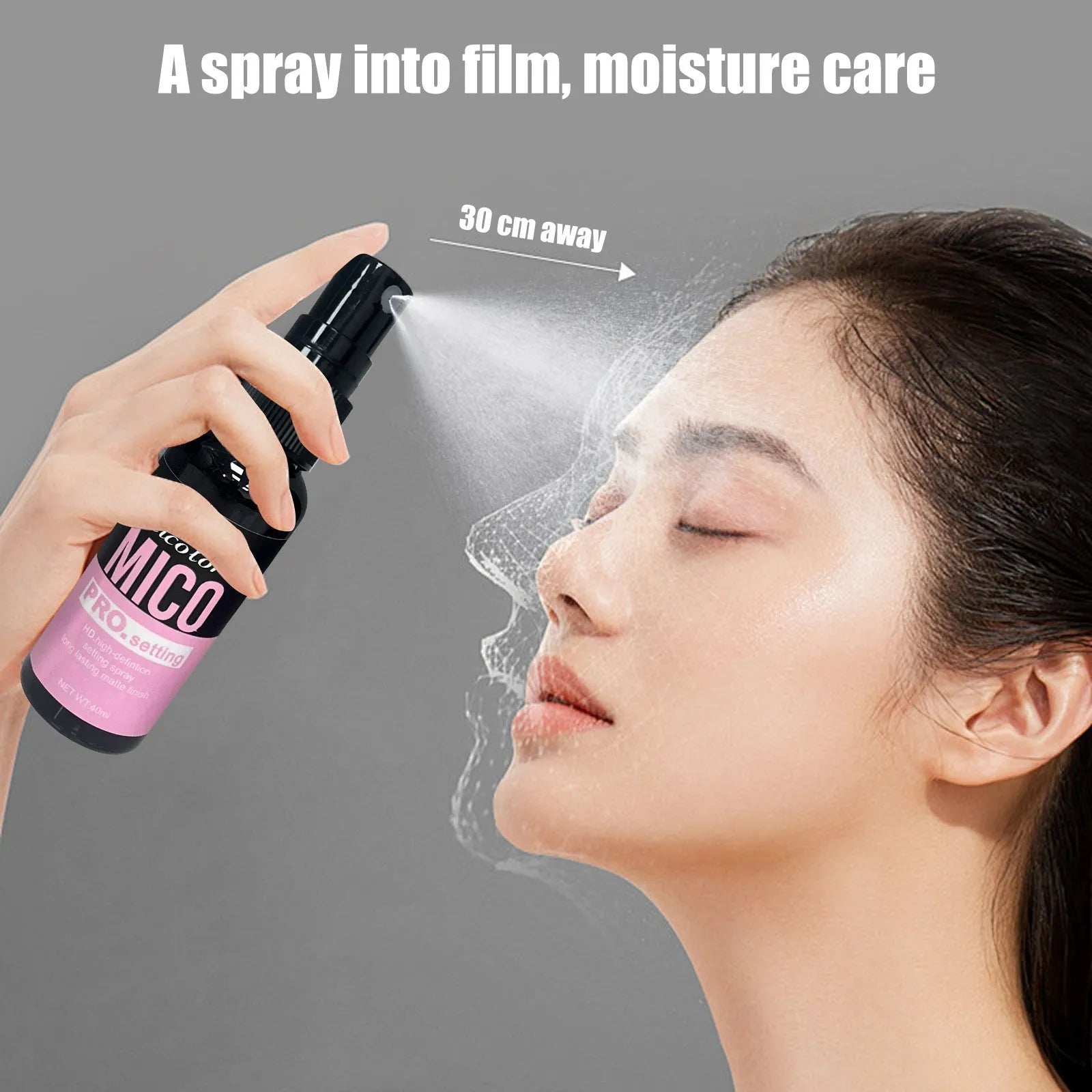 Two monochrome makeup spray bottles: 45ml pre makeup lotion and 40ml finishing spray