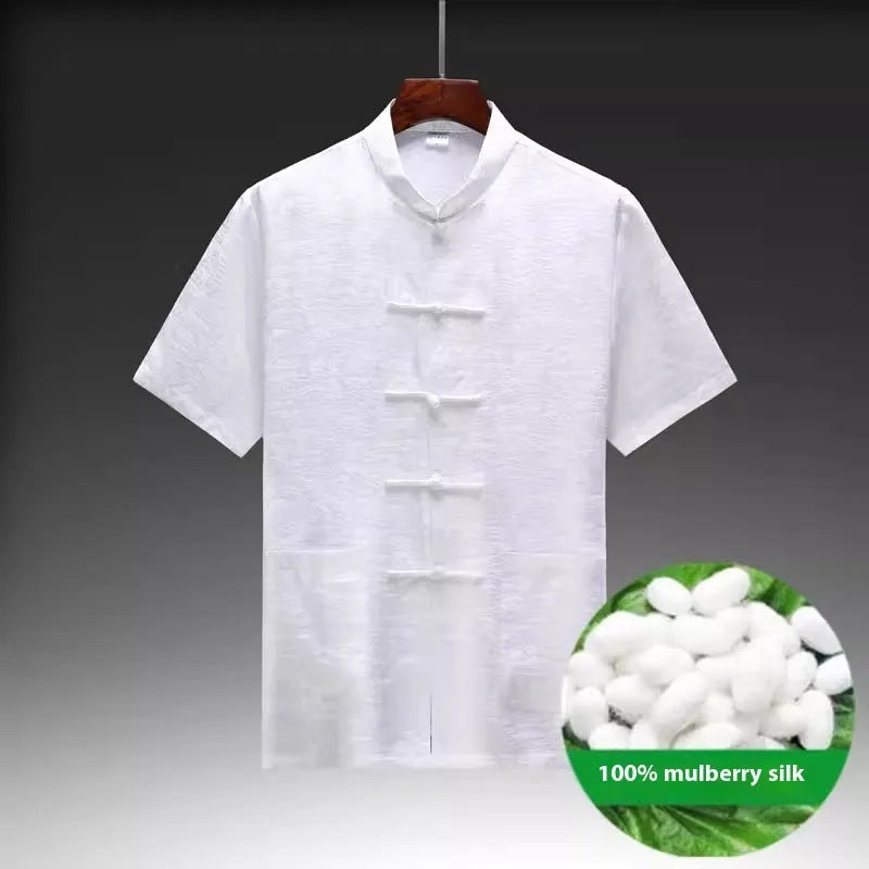 Men's traditional Chinese Tang suit in mulberry silk, available in light green, navy blue, and white.