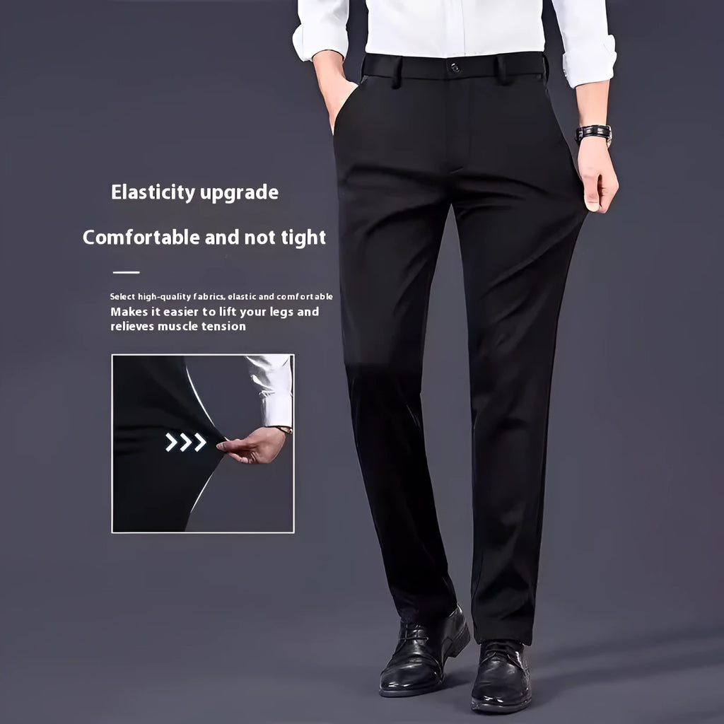 Men's straight leg business casual trousers in navy blue made from polyester blend on a mannequin.
