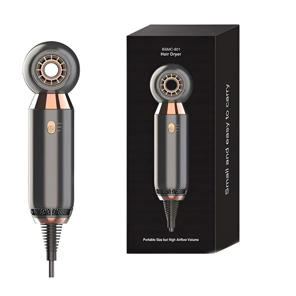 Compact white hair dryer with diffuser attachment, showing length and nozzle detail