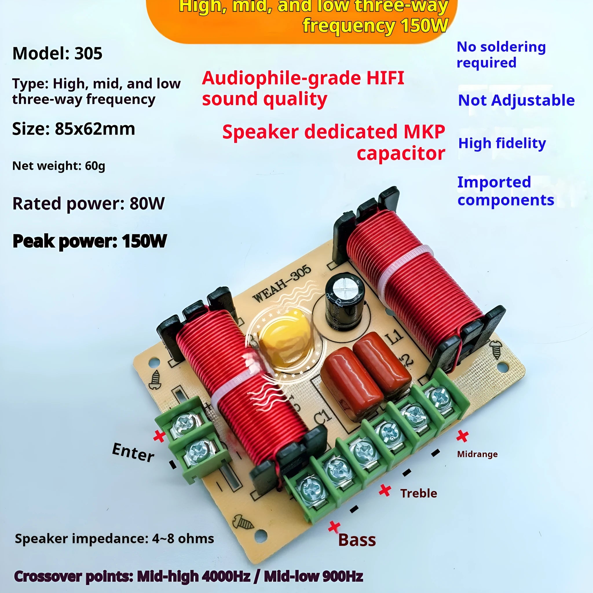 Three-way crossover 150W solder-free connector-mounted speaker modification upgrade with 900Hz frequency