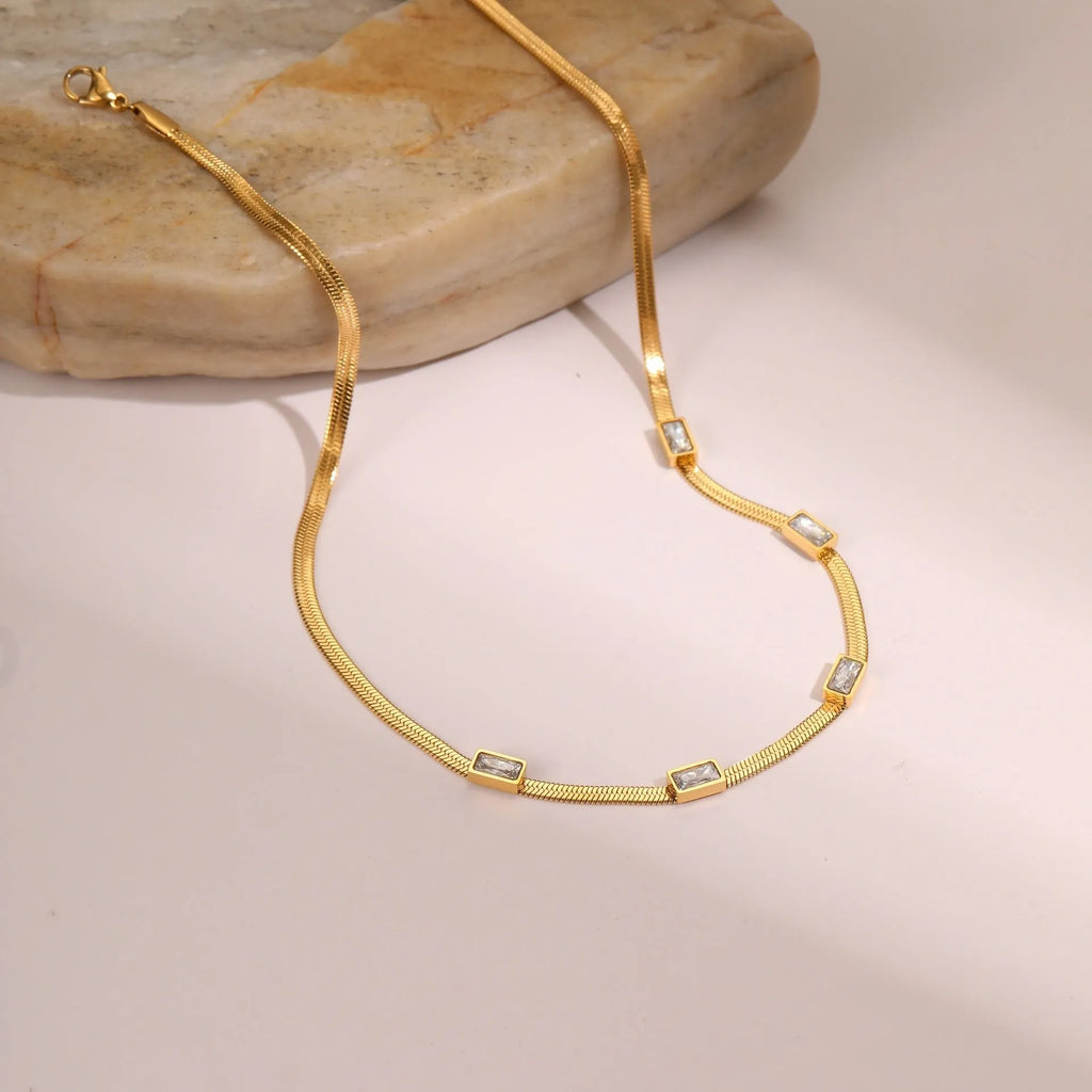 Geometric square zircon retro necklace with stainless steel flat snake chain and 18K gold plating