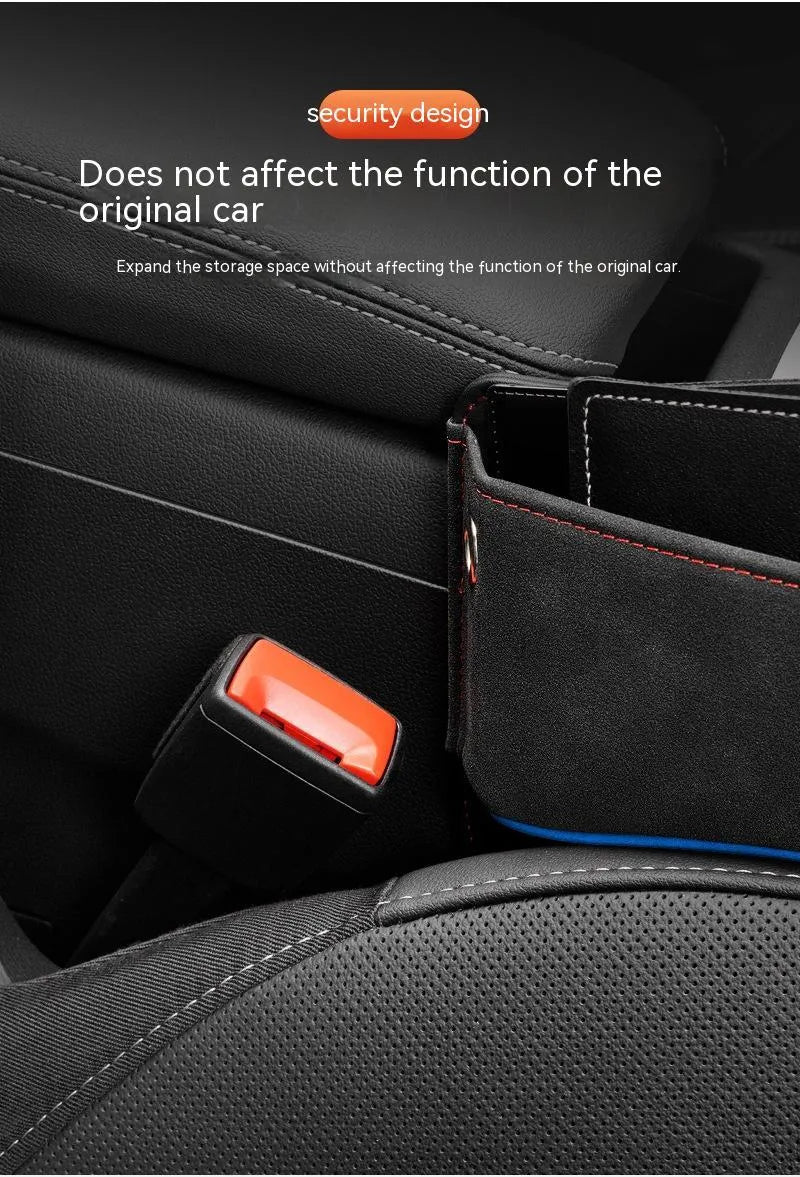 Leather car seat storage box in available colours mounted on vehicle passenger seat
