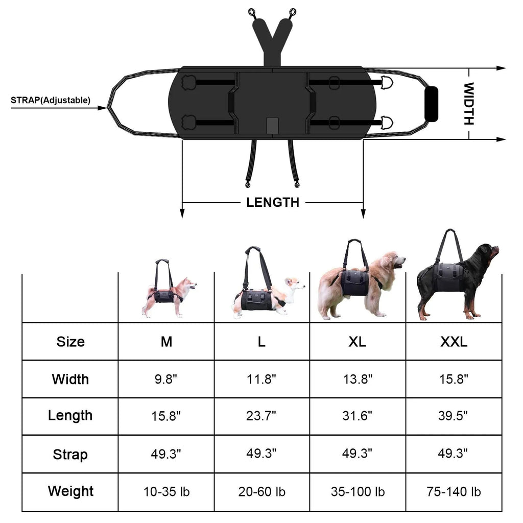 Black Oxford cloth dog harness with breast strap for leg support and rehabilitation