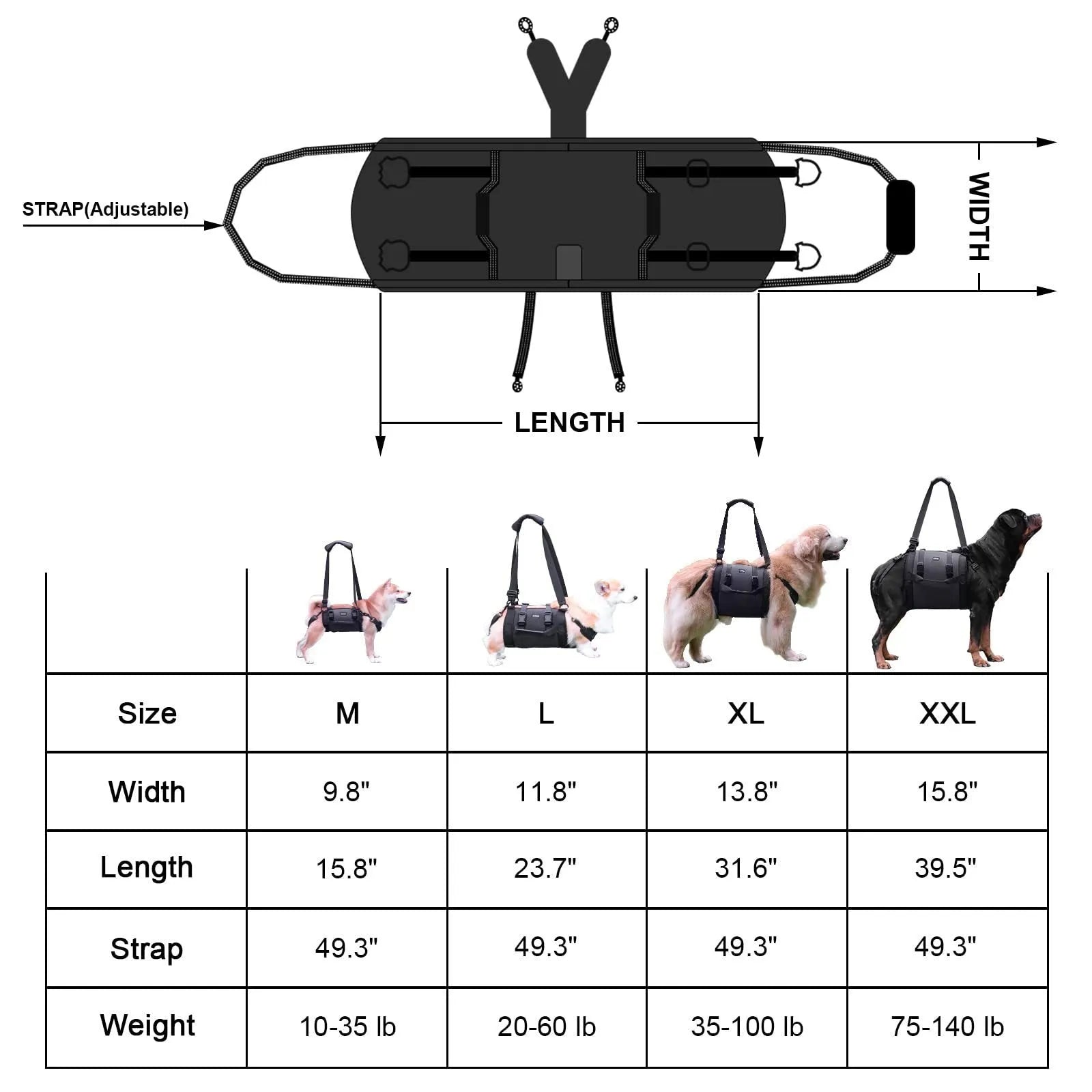 Black Oxford cloth dog harness with breast strap for leg support and rehabilitation