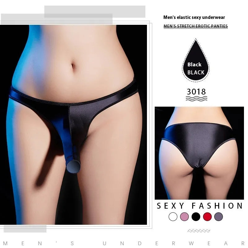 Men's shiny nylon T-back low waist underwear in black, shown on a model.