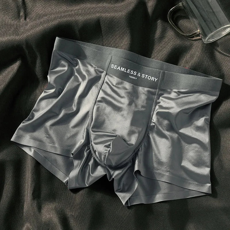 Men's ice silk satin underwear in mid waist design showing coffee, light grey and blue colour options