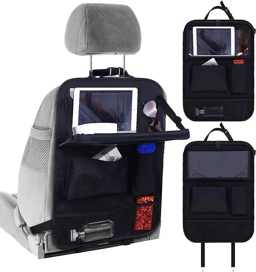 Black Oxford cloth car seat organiser bag hanging on a car seat, showing its storage pocket and hooks.