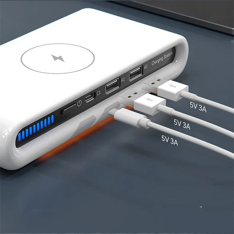 White desktop wireless charger with 15W fast charging and built-in 8-colour atmosphere lamp.