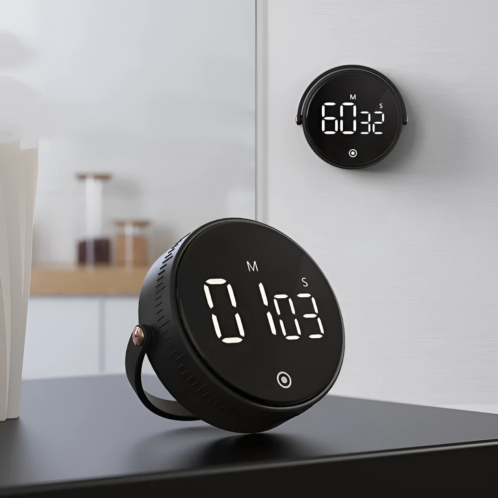 Kitchen silent rotary adjustable digital timer with LED display, black, showing rotary dial and countdown