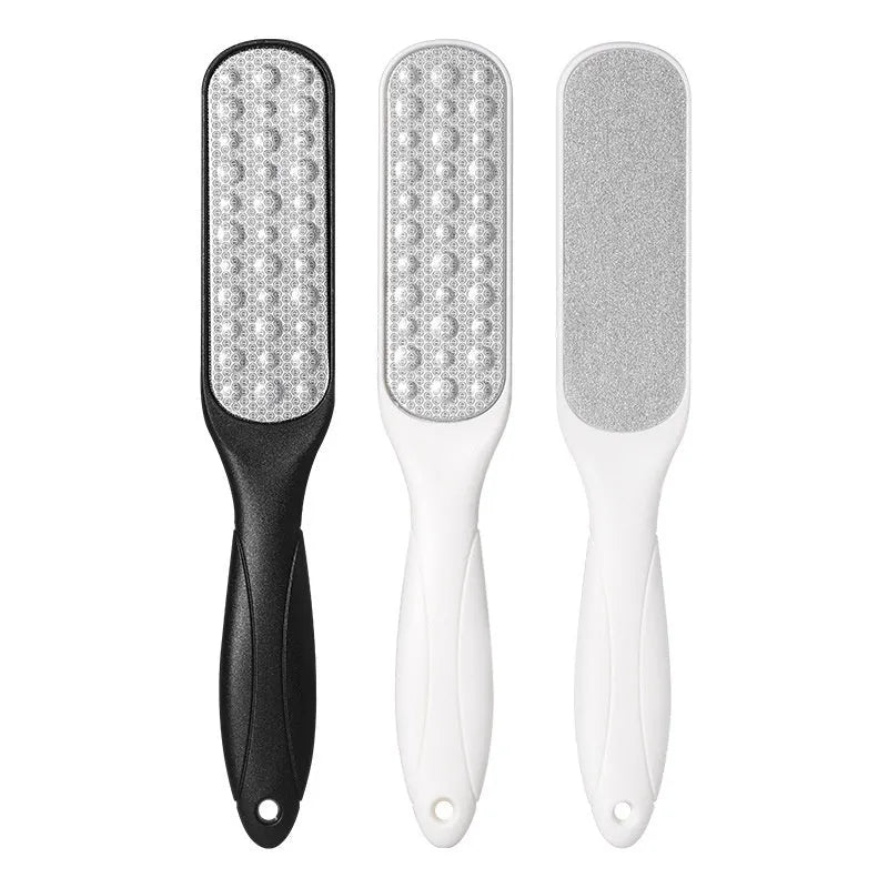Stainless steel foot grinder tool with double-sided sandpaper files in white and black OPP bags