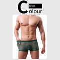 Men's thin sheer mesh boxer briefs in low-waist design, shown in multiple colours.
