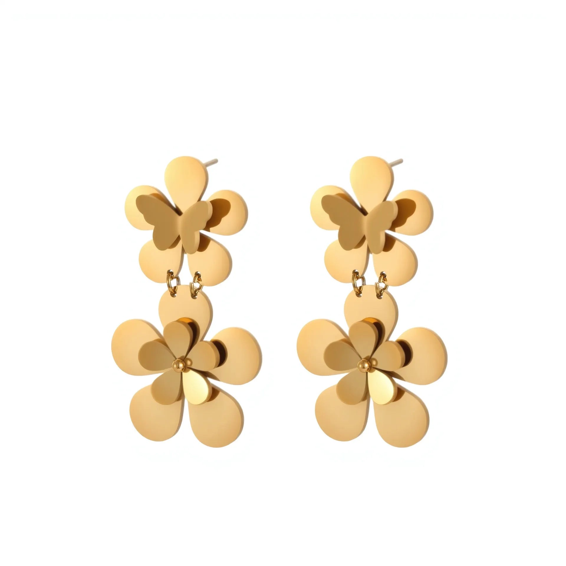 Gold flower butterfly stainless steel earrings with geometric and zodiac design elements