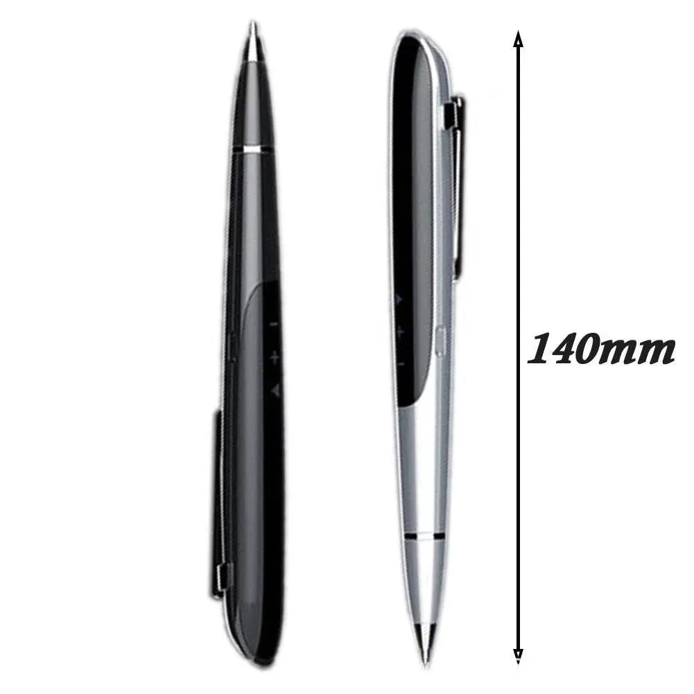 Black and silver lossless recording pen with OLED display screen on a zinc alloy pen-shaped body.