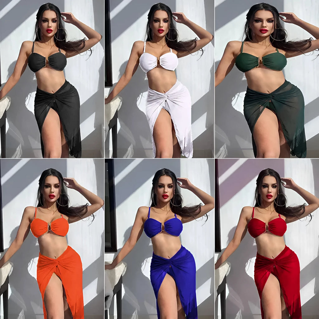 Women's three-piece bikini set with long culottes shorts in multiple colour options