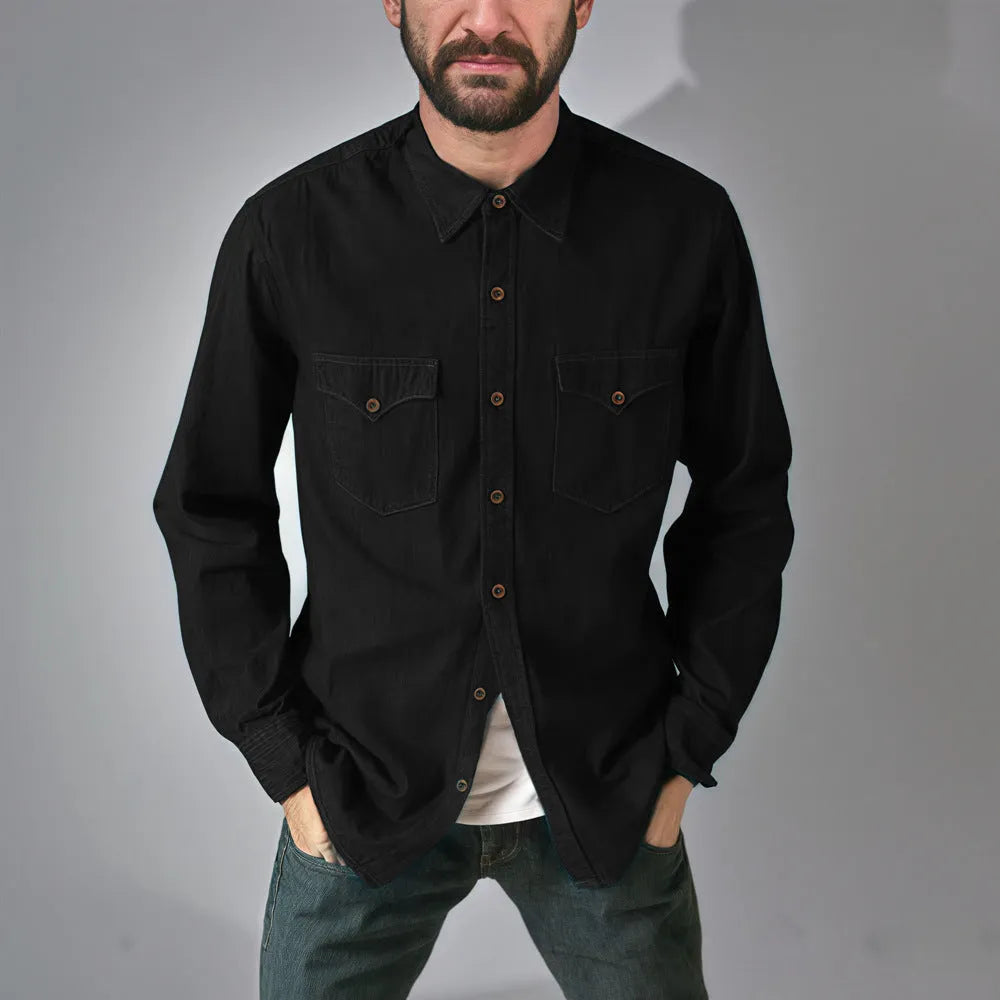 A cotton denim cardigan coat in a regular fit, shown on a hanger.