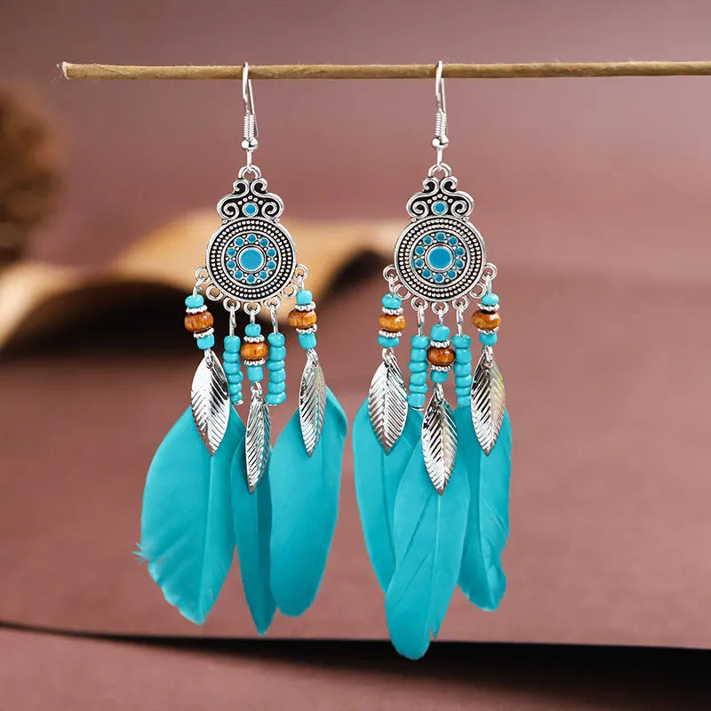 Round drop feather earrings with leaf pattern in Bohemian style, electroplated alloy in various colour options