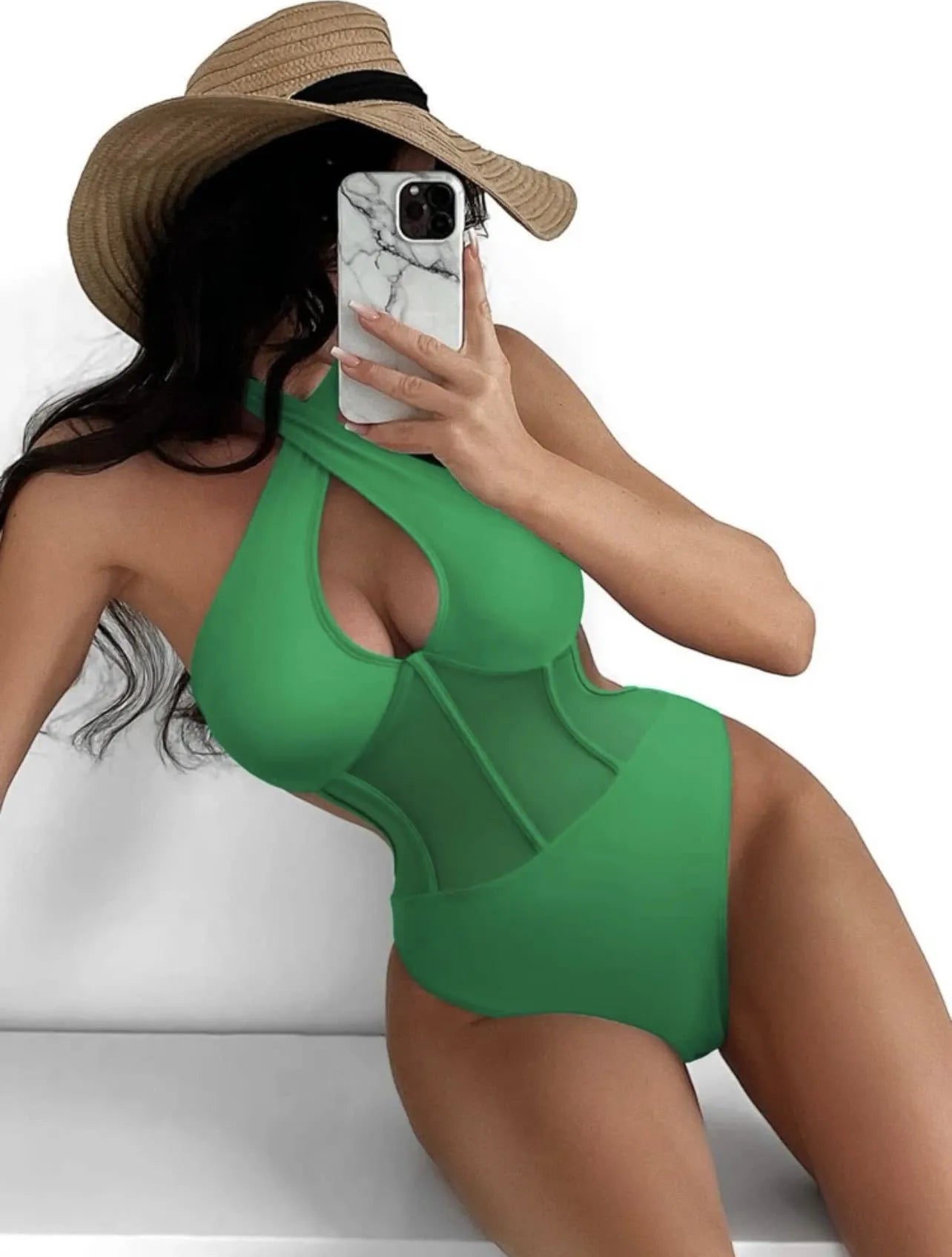 Ladies black one-piece swimsuit with bikini styling in nylon and spandex fabric