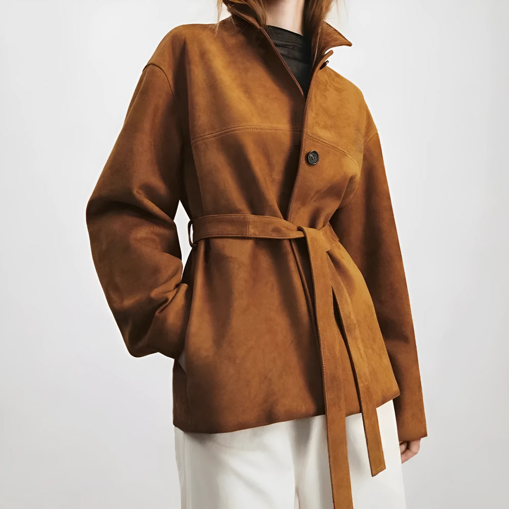 Mid-length cashmere coat with peter pan collar and leather stitching details in yellow brown colour