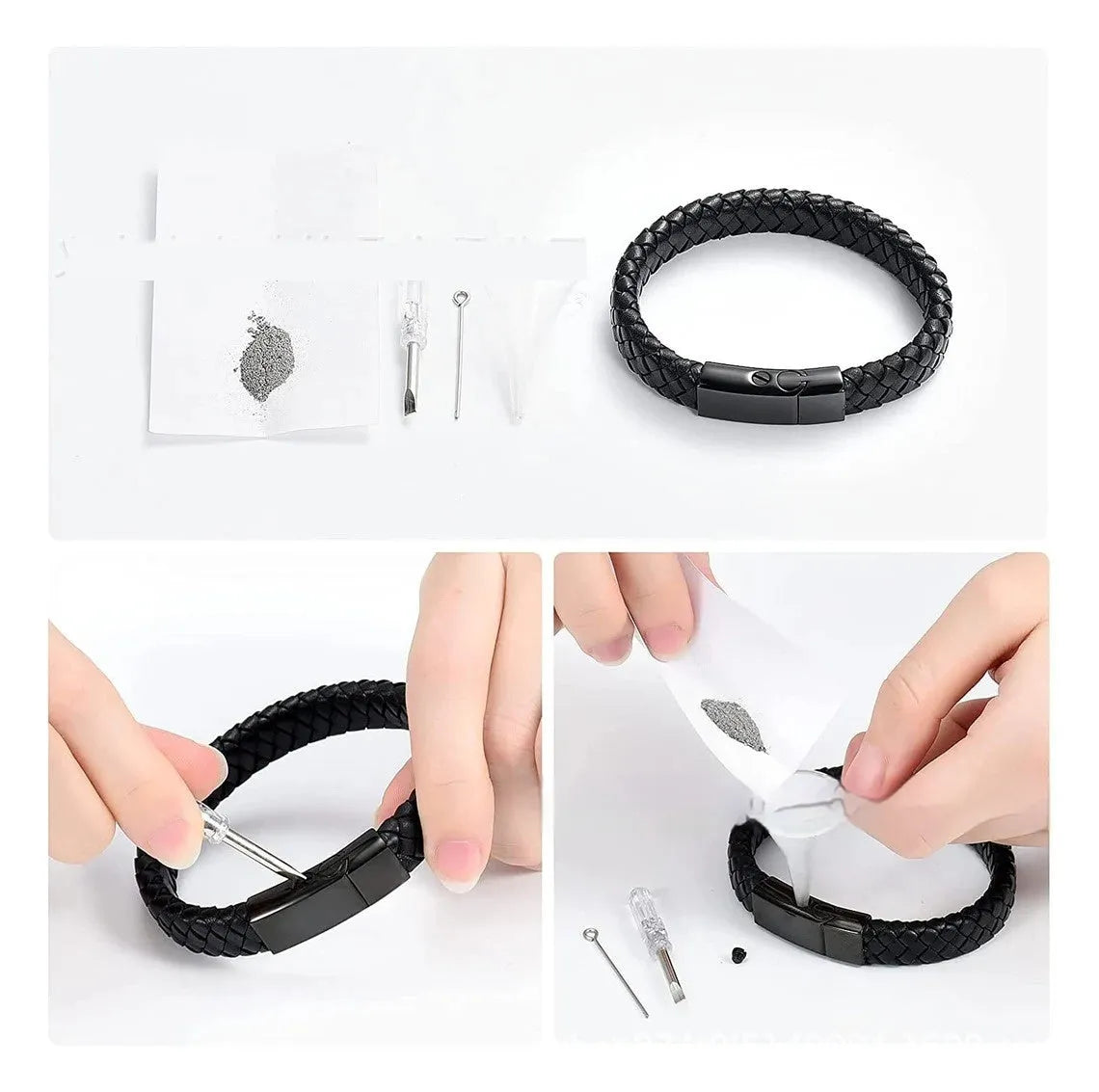 Black stainless steel and leather cinerary bracelet with engraved text, presented in a gift box.