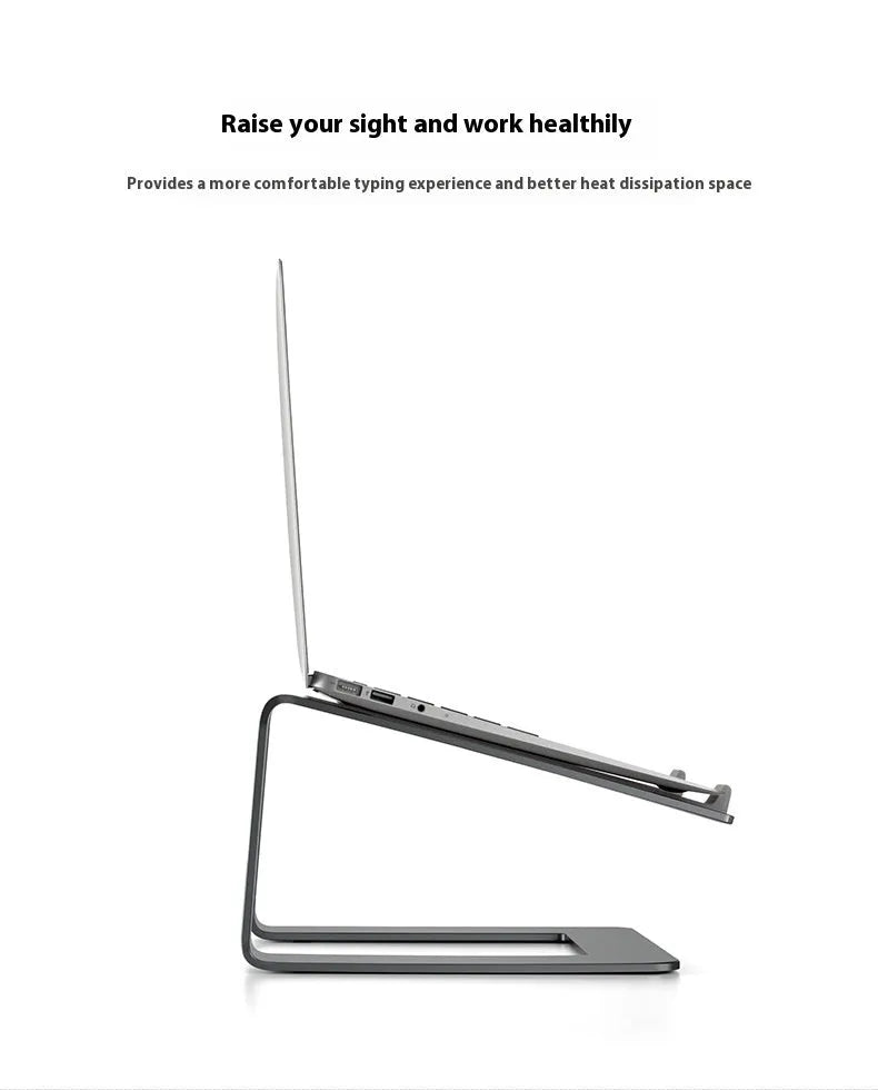 Aluminium alloy laptop stand on desktop in black colour with laptop elevated