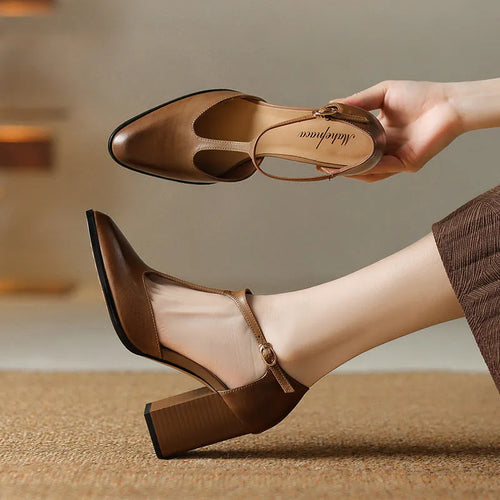 Baotou women's retro pointed-toe Mary Jane shoes in dark brown with a buckle fastening.