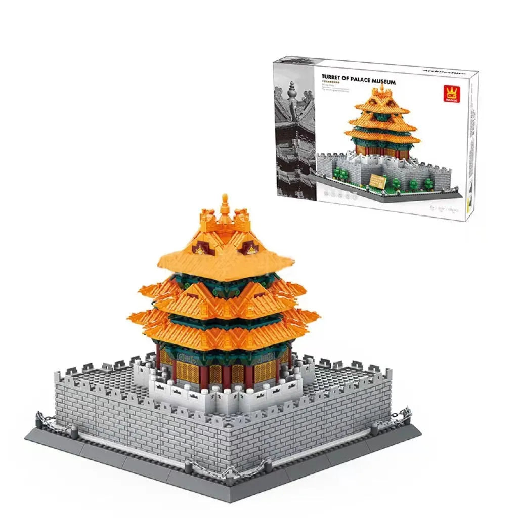 Wange building block set showing over 800 small ABS plastic pieces for constructing global landmark models.