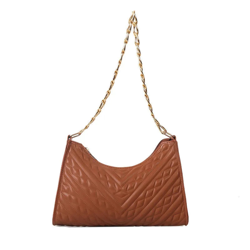 Brown pleated chain shoulder bag showing vertical square shape and adjustable strap