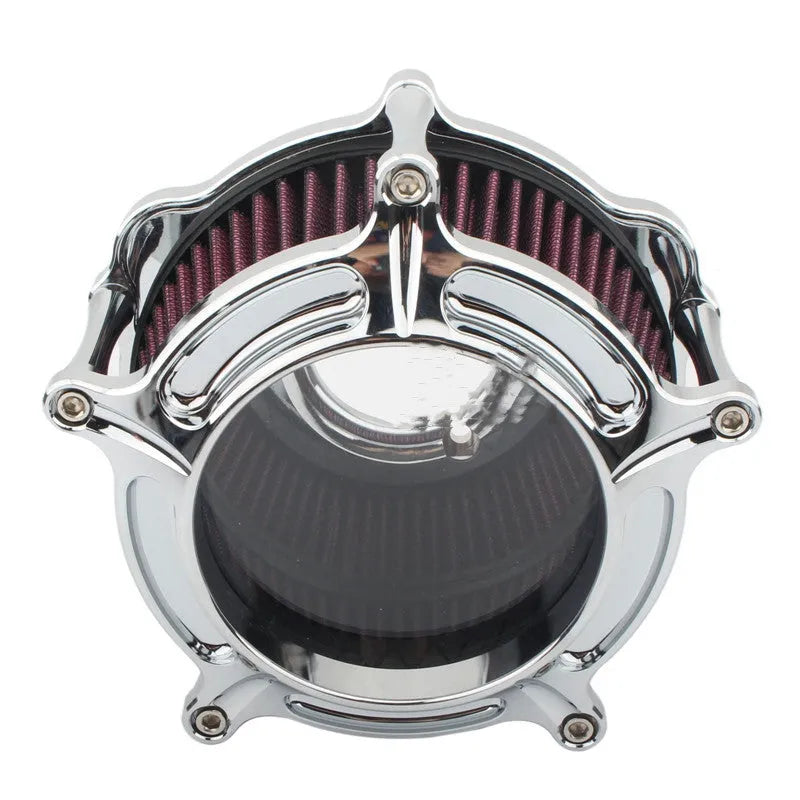 Aluminium air filter retrofit kit in red and blue electroplated finishes with suction accessories.