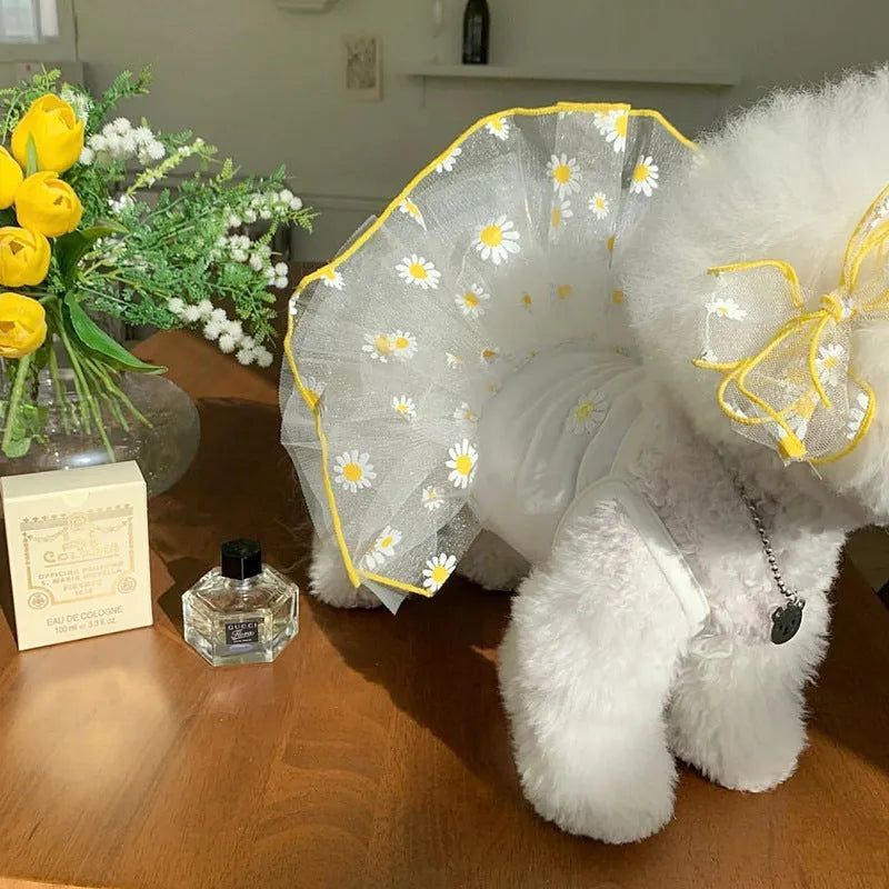 Yellow daisy print dog clothes for summer in lightweight polyester fabric