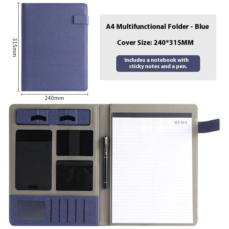 Black leather A4 business folder holding documents, with pen and notepad accessory options.
