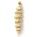 Golden synthetic hair weft wig showing length options on a stand.