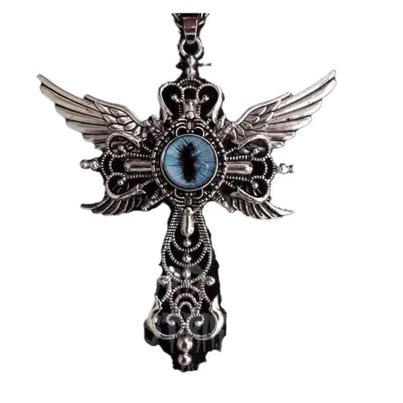 Alloy geometric pendant necklace with devil wings and cross design in blue, green, purple, red, or yellow