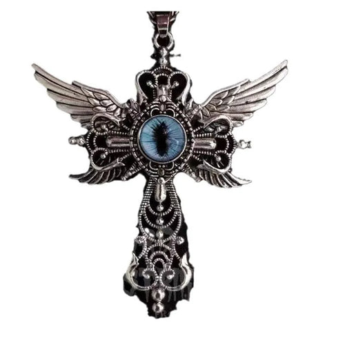 Alloy geometric pendant necklace with devil wings and cross design in blue, green, purple, red, or yellow