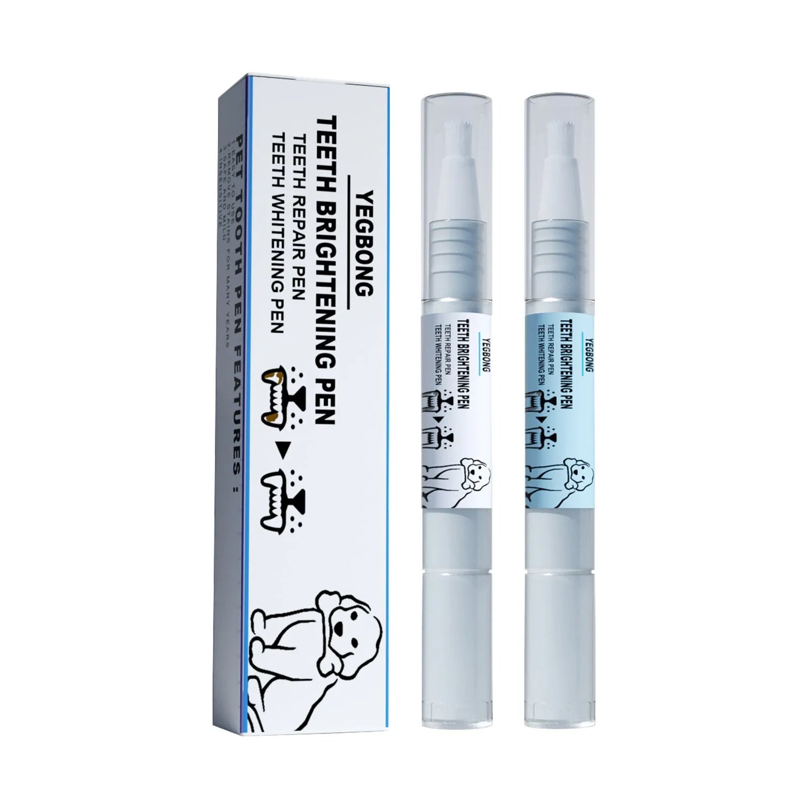 Two white pet tooth whitening pens with brush applicators for dog and cat dental care.