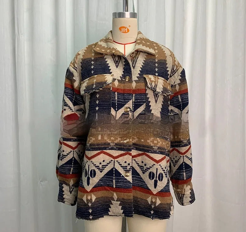 Women's retro Aztec print woolen jacket in loose fit design with long sleeves