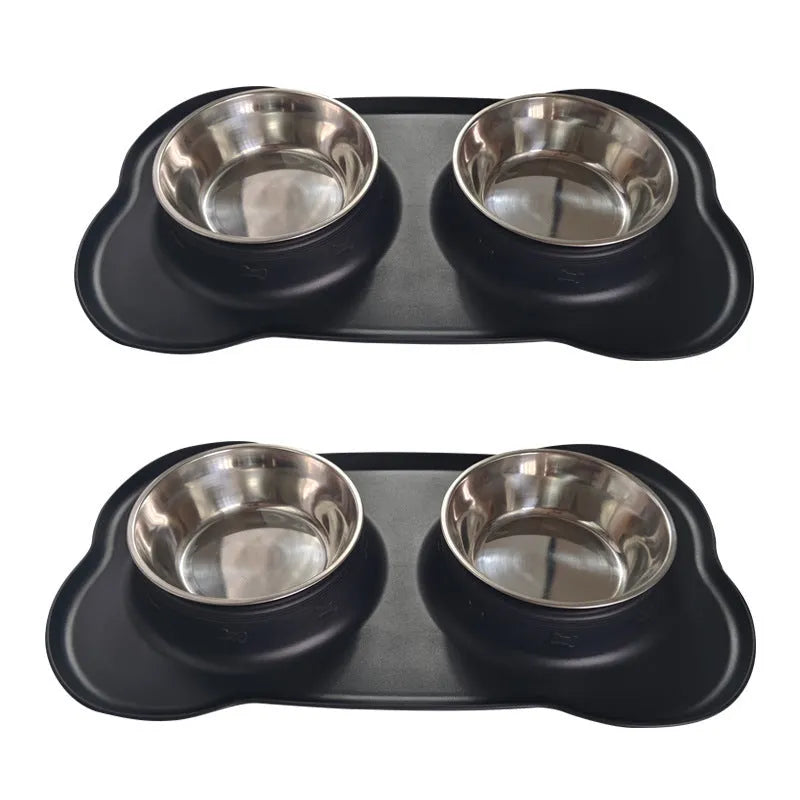 Large double dog bowl with stainless steel inserts in a grey silicone tray for two dogs.