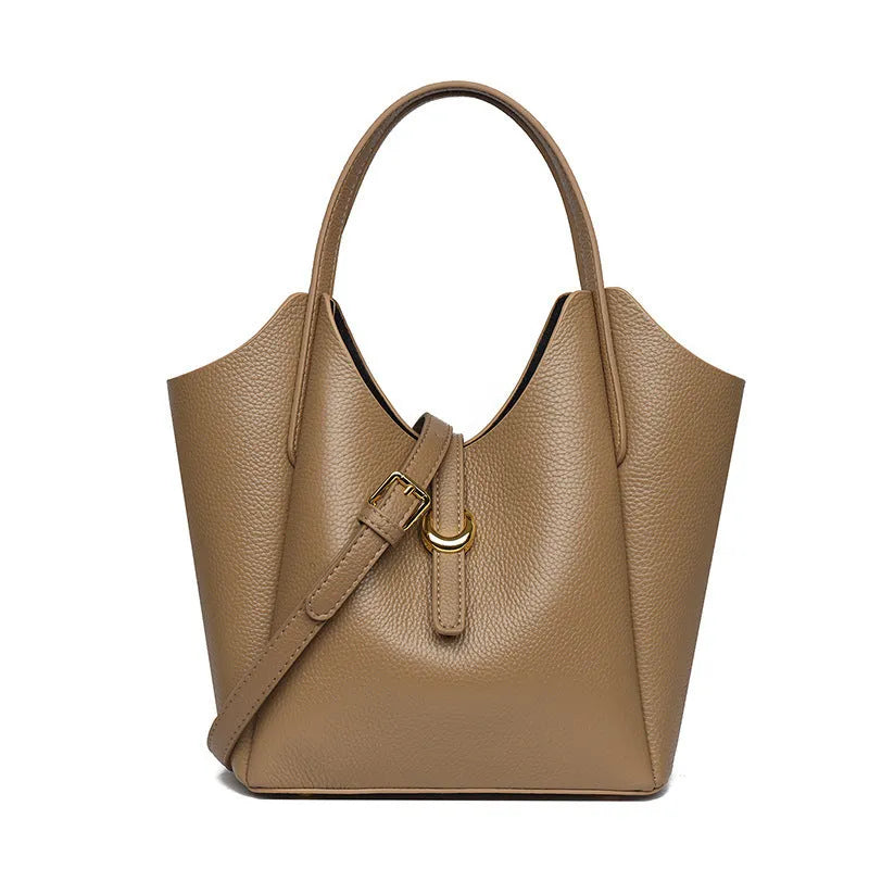 Genuine leather women's bucket handbag in retro style with large capacity and organisational features